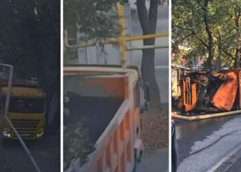 Тяжёлый грузовик в Алматы снёс газовую трубу, врезался в дерево и перевернулся (ВИДЕО)