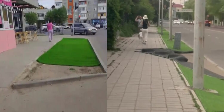 Жители Жезказгана раскритиковали искусственный газон на улицах города