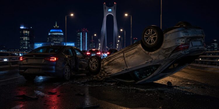 Geely перевернулся после столкновения на мосту в Астане